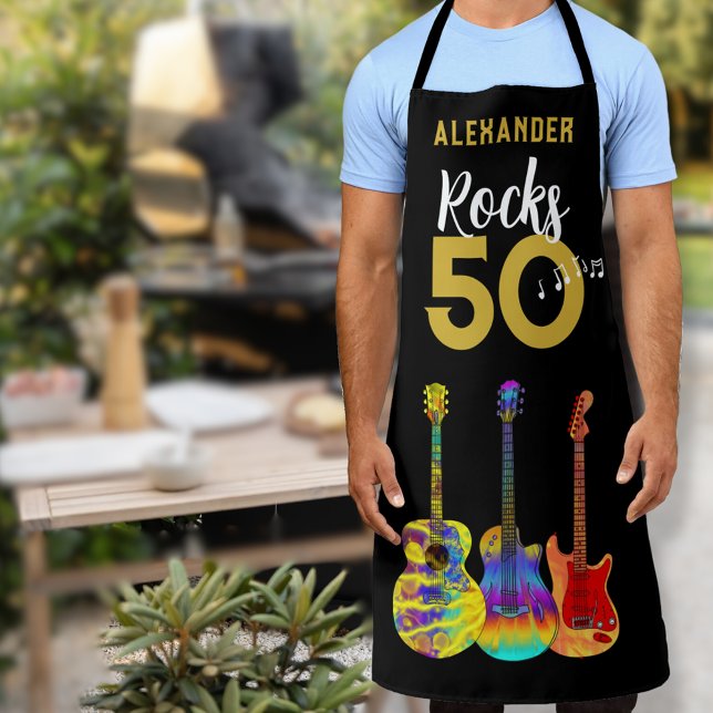 50th birthday Guitar Rocks 50 Name Apron (Personalized 50th birthday vibrant colorful guitar pattern monogram name apron personalized for him)
