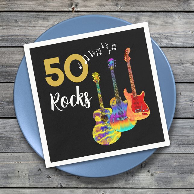 50th birthday Guitar Rocks 50  Napkin (50 Rocks birthday party napkin for him funky psychedelic guitars gold and black 50th birthday )