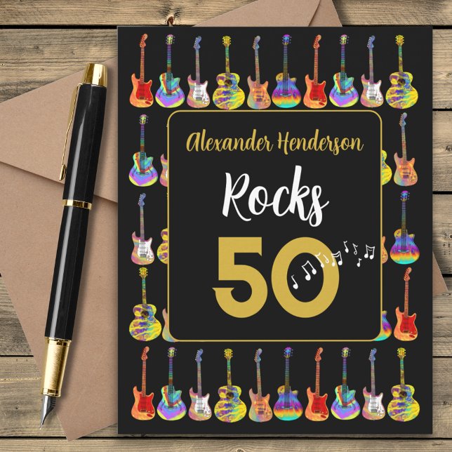 50th birthday Guitar Rocks 50 Personalised (Rock and roll guitar black and gold personalized 50th birthday greetings card)