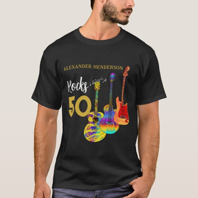 50th birthday Guitar Rocks 50 Personalised T-Shirt (Front)
