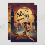 50th Birthday Halloween Party Spooky Invitation<br><div class="desc">I hope you enjoy this great 50th Birthday Halloween Party Invitation with an image of a girl in Costume and Scary Buildings in the background. This is perfect for that girl that her birthday falls on Halloween. You can CHANGE ALL THE PERSONAL INFORMATION on the Invitation to meet your needs....</div>