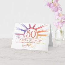 50th Birthday - hand drawn multi-coloured sunburst