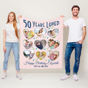 50th Birthday Heart Photo Collage Fleece Blanket