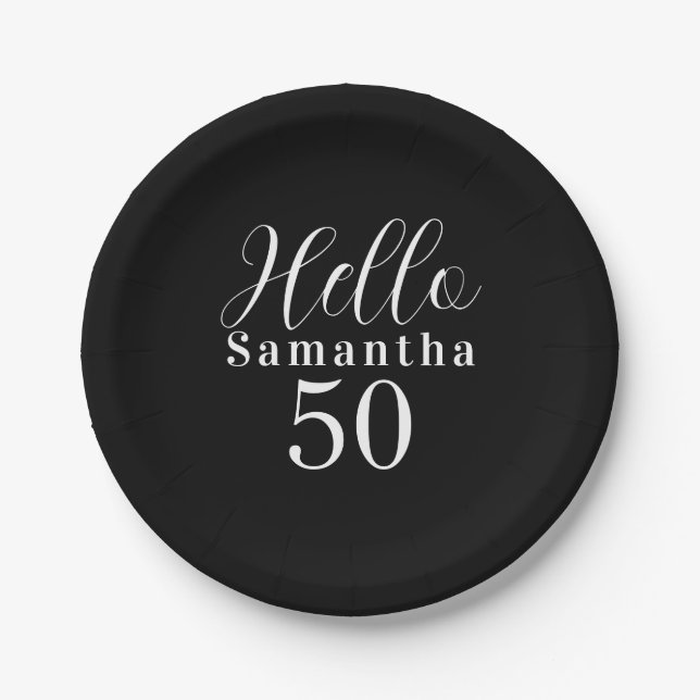50th Birthday Hello 50 Black and White Party Paper Plate (Front)