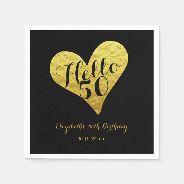 50th Birthday  Hello 50 Black | Faux Gold Heart Napkin (Front)