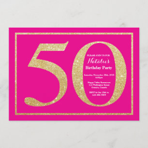 50th Birthday Hot Pink and Gold Glitter Invitation