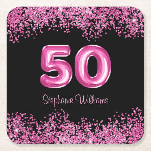 50th Birthday Hot Pink Balloons Glitter Party  Square Paper Coaster