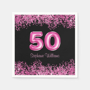 50th Birthday Hot Pink Balloons Gllitter Party Napkin