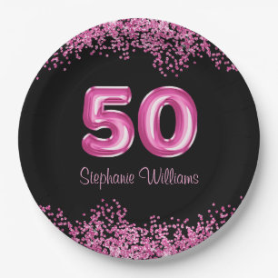 50th Birthday Hot Pink Balloons Gllitter Party  Paper Plate