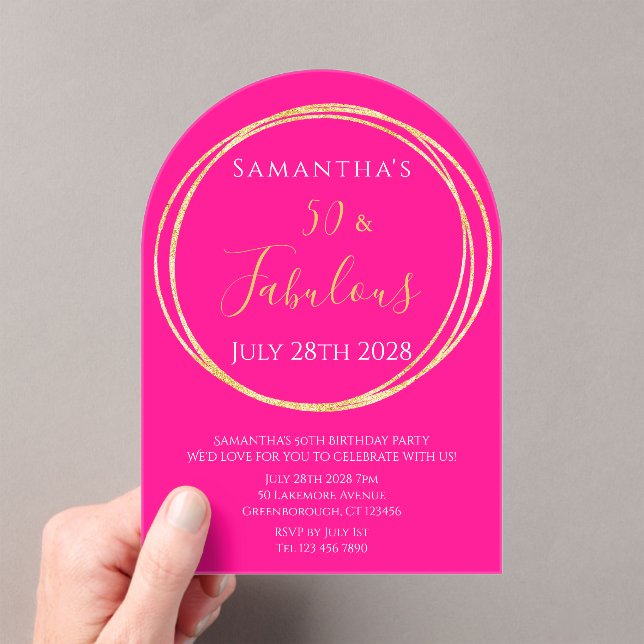 50th Birthday Hot Pink Gold Birthday Acrylic Invitations (Insitu (Handheld))