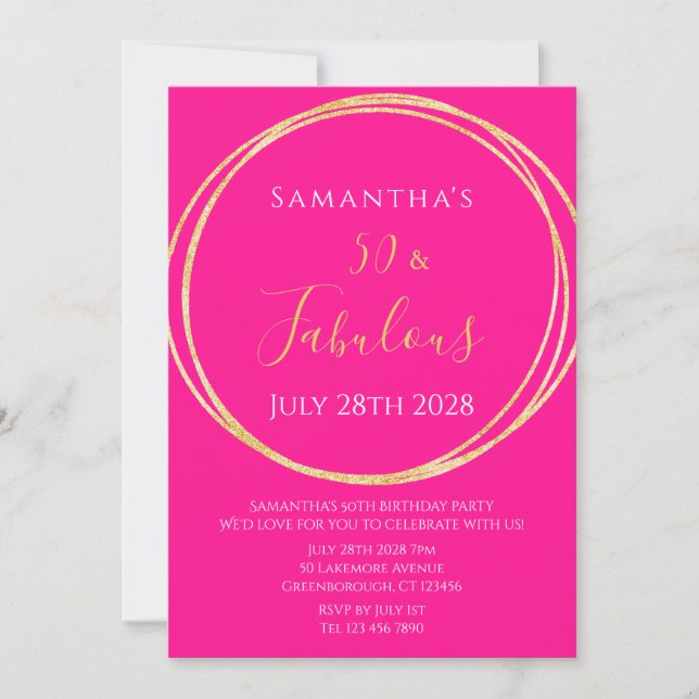 50th Birthday Hot Pink Gold Birthday Invitation (Front)