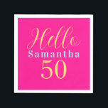 50th Birthday Hot Pink Party Napkin<br><div class="desc">This is a modern and stylish 50th birthday party design. This bright and bold design is in trending hot pink with pops of gold and blue coloured typography. It has the text, "Hello 50", and space you to add your name. This stylish design is perfect for a fun and unforgettable...</div>