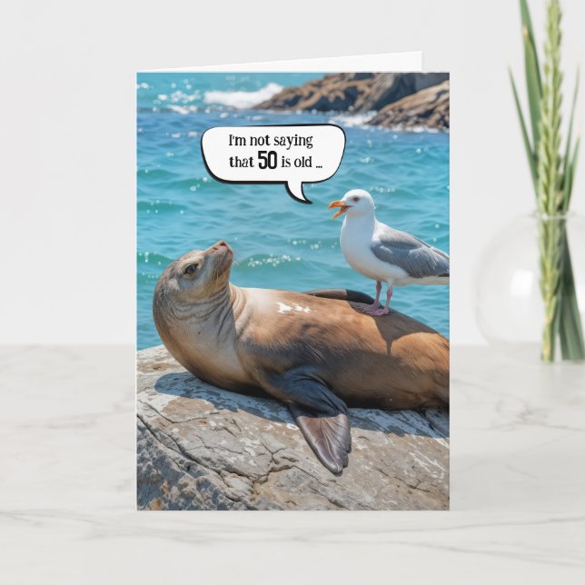 50th Birthday Humour Seagull Perched On a Sea Lion Card (Front)