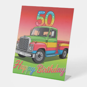 50th Birthday Illustration Vintage Pickup Truck Pedestal Sign