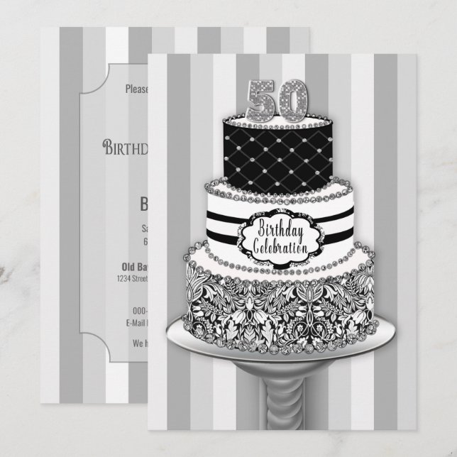 50th Birthday Invitation, 3-Tier Cake Invitation (Front/Back)