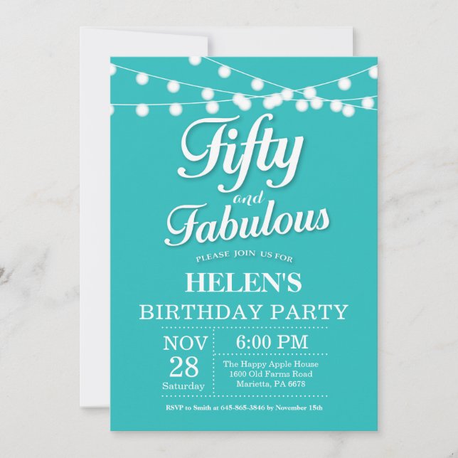 50th Birthday Invitation Aqua Turquoise Fabulous (Front)