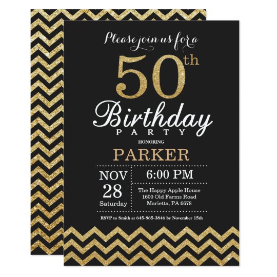 50th Birthday Invitation Black And Gold Glitter Zazzle Co Uk