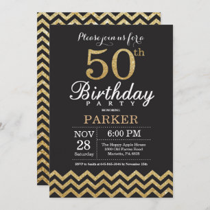 50th Birthday Invitation Black and Gold Glitter