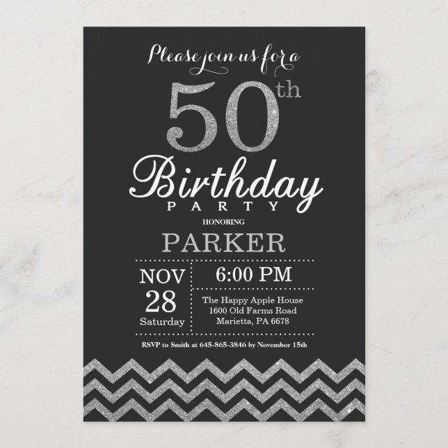 50th Birthday Invitation Black and Silver Glitter (Front)