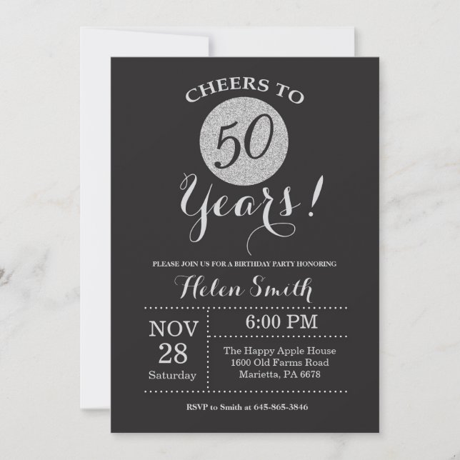 50th Birthday Invitation Black and Silver Glitter (Front)