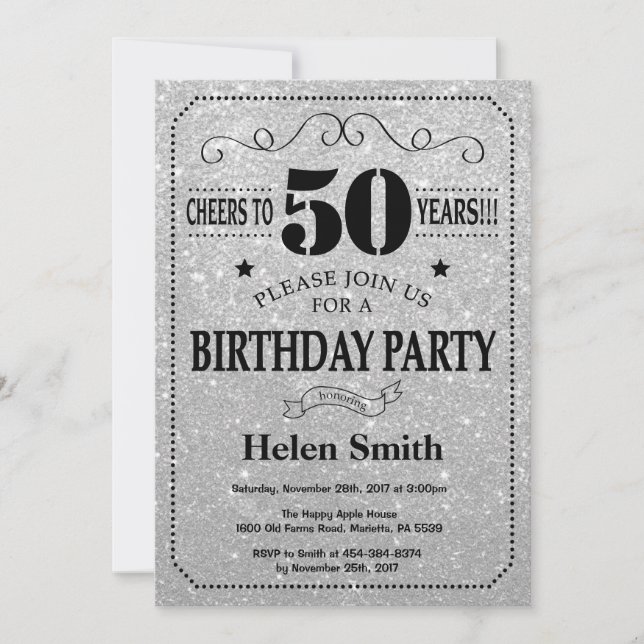 50th Birthday Invitation Black and Silver Glitter (Front)