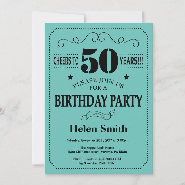 50th Birthday Invitation Black and Teal (Front)