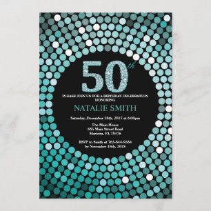 50th Birthday Invitation Black and Teal Glitter