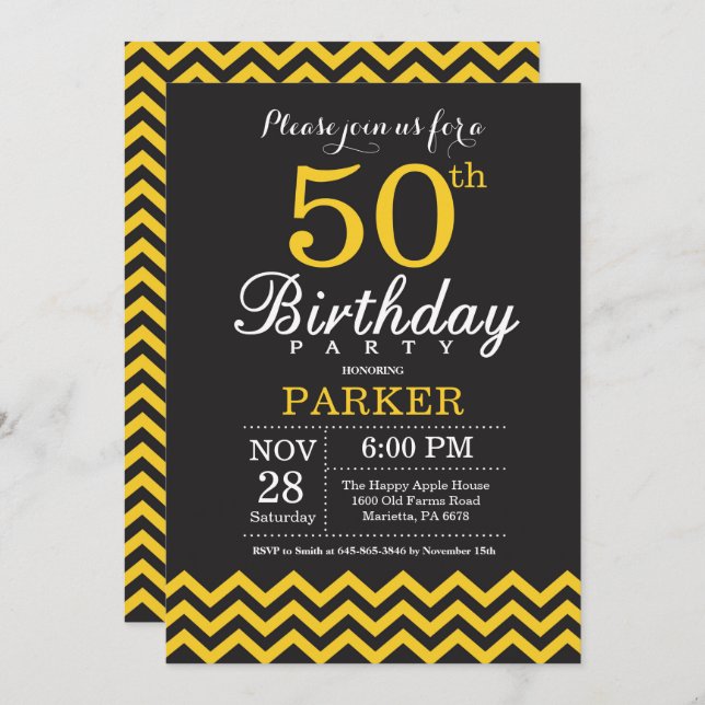 50th Birthday Invitation Black and Yellow Chevron (Front/Back)