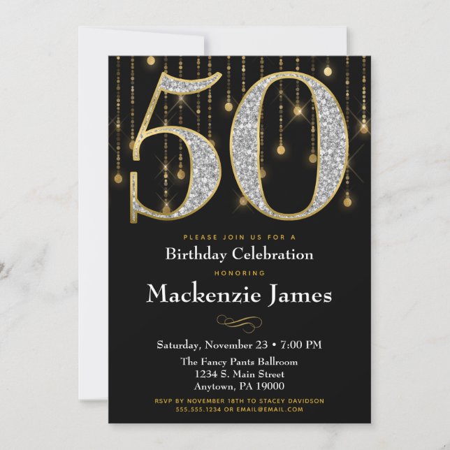 50th Birthday Invitation Black Gold Diamonds Adult (Front)
