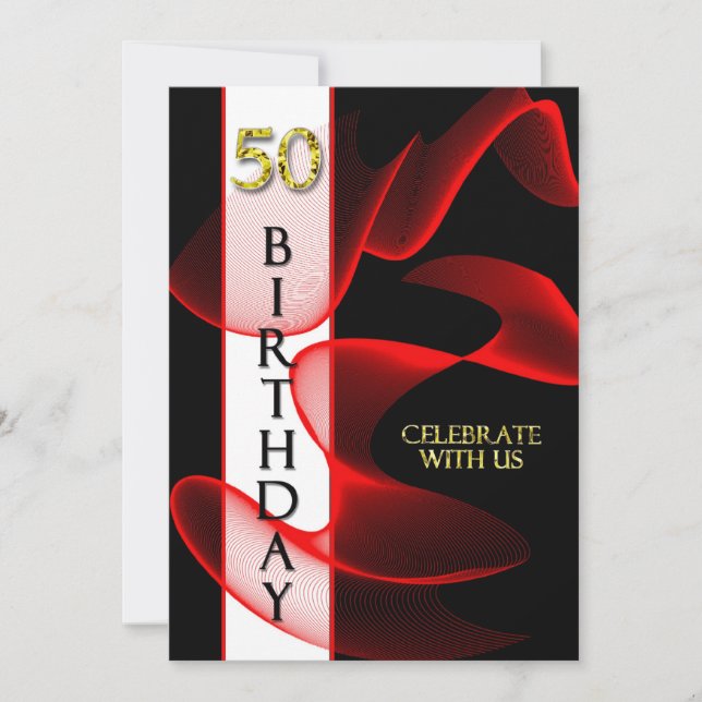 50th Birthday Invitation - Black/Red Swirling (Front)