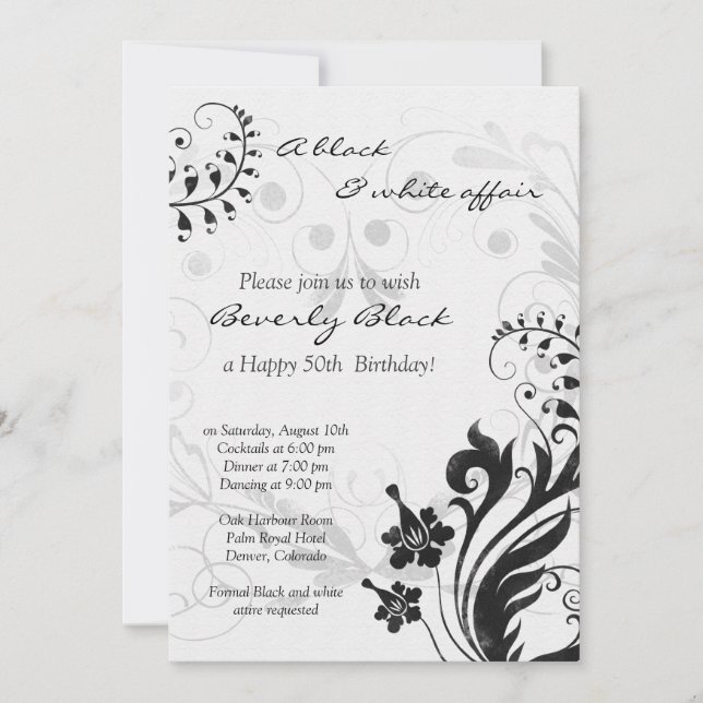 50th Birthday Invitation | Black White Floral (Front)