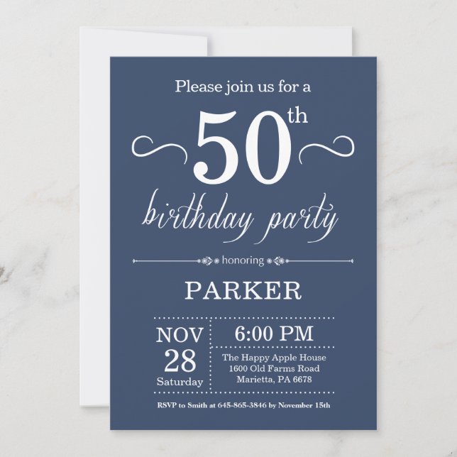 50th Birthday Invitation Blue (Front)