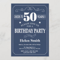 50th Birthday Invitation Blue and White