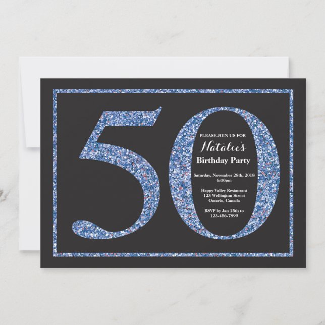 50th Birthday Invitation Blue Glitter Chalkboard (Front)