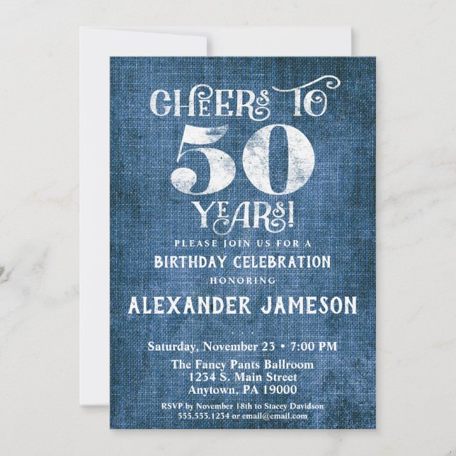 50th Birthday Invitation Blue Linen Rustic Cheers (Front)