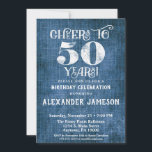 50th Birthday Invitation Blue Linen Rustic Cheers<br><div class="desc">A rustic 50th birthday party invitation in blue linen burlap with white type that says cheers to 50 years. Great for casual birthday celebrations. Suitable for men's or women's birthday parties.</div>