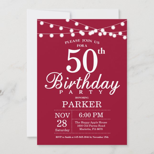 50th Birthday Invitation Burgundy Red (Front)