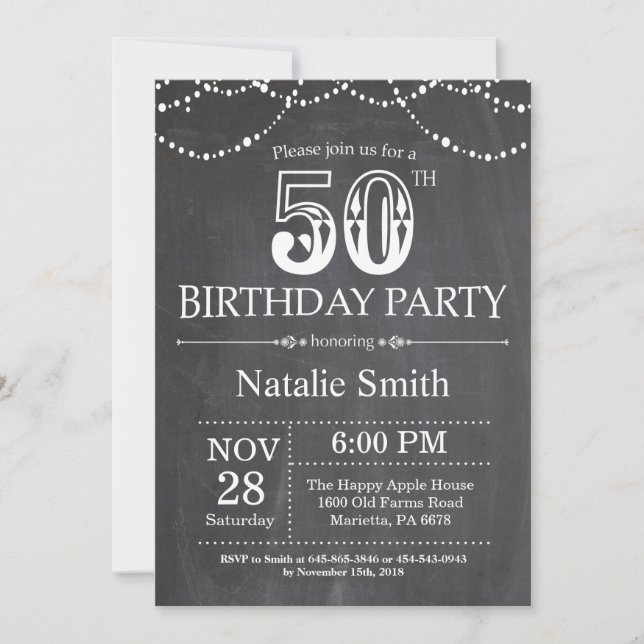 50th Birthday Invitation Chalkboard String Lights (Front)
