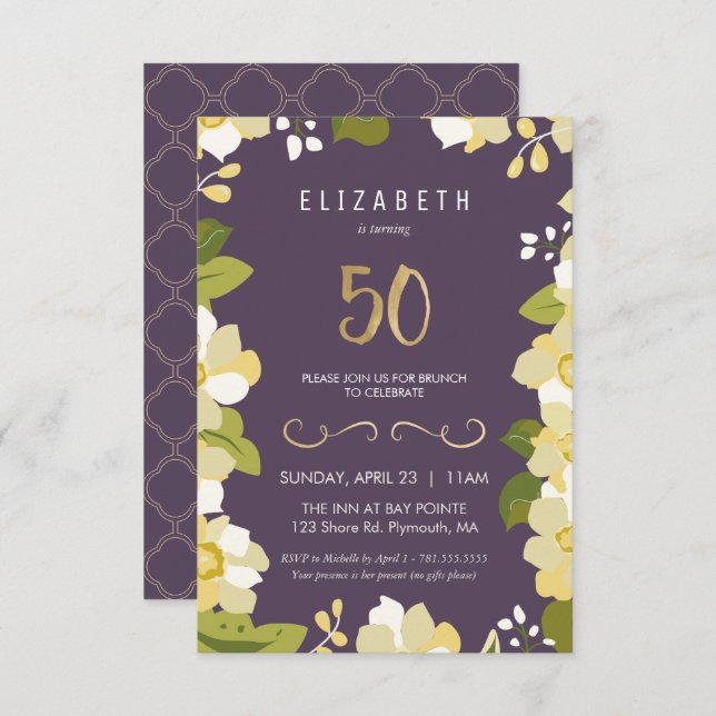 50th Birthday Invitation Customise Floral Fiftieth (Front/Back)