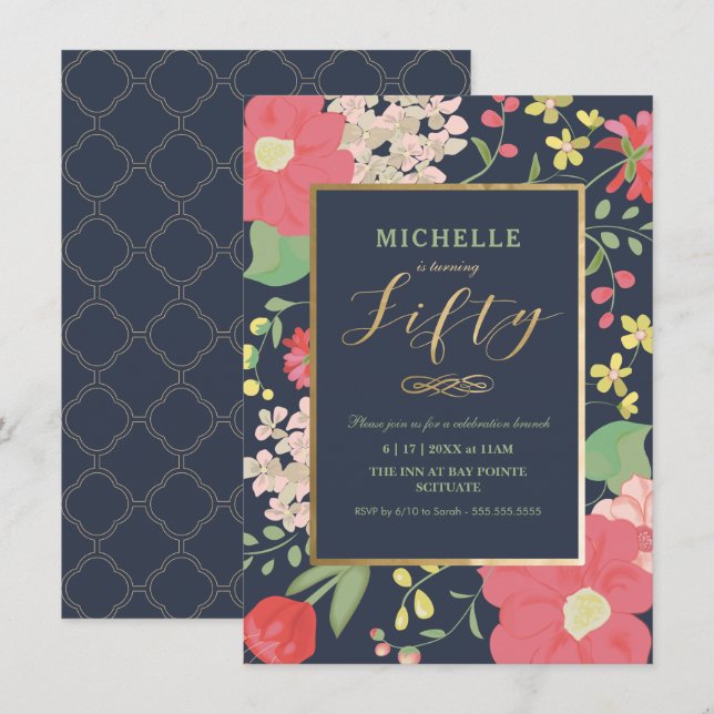 50th Birthday Invitation - Gold, Elegant Floral (Front/Back)