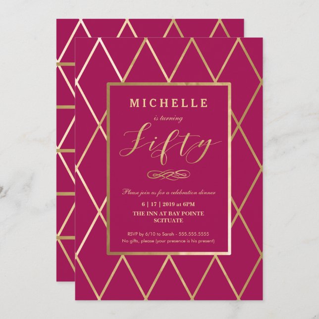 50th Birthday Invitation - Gold, Elegant, Trendy (Front/Back)
