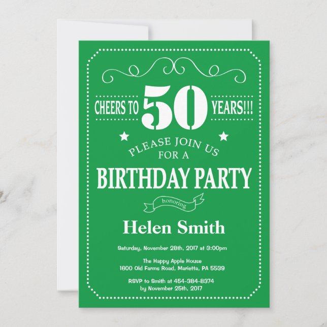 50th Birthday Invitation Green and White (Front)