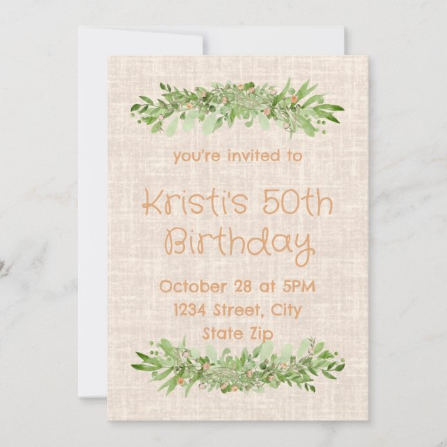 50th Birthday Invitation – Linen Greenery | Fifty (Front)
