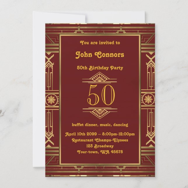 50th, Birthday invitation Man 50th, Gatsby style (Front)