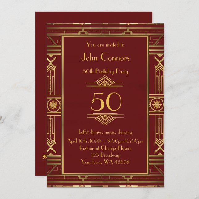 50th, Birthday invitation Man 50th, Gatsby style (Front/Back)