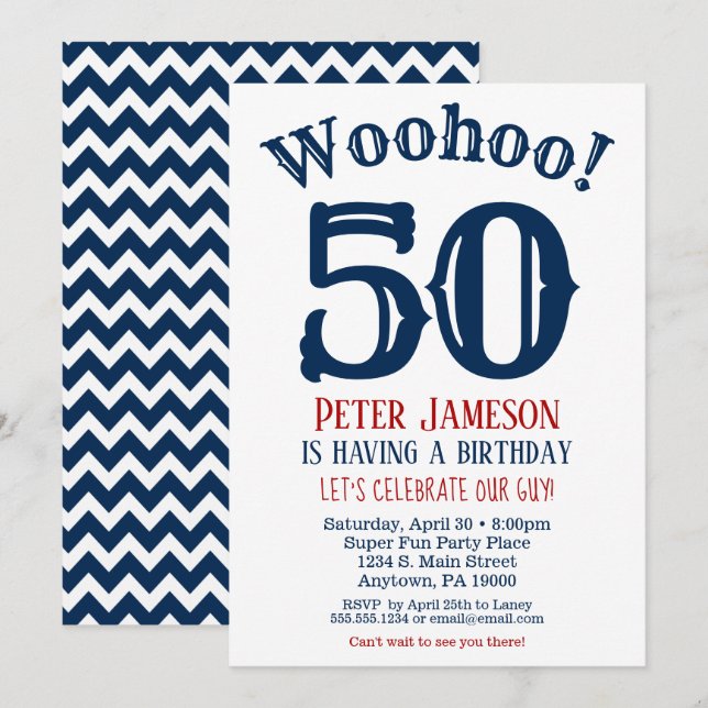 50th Birthday Invitation Mens Navy Blue (Front/Back)