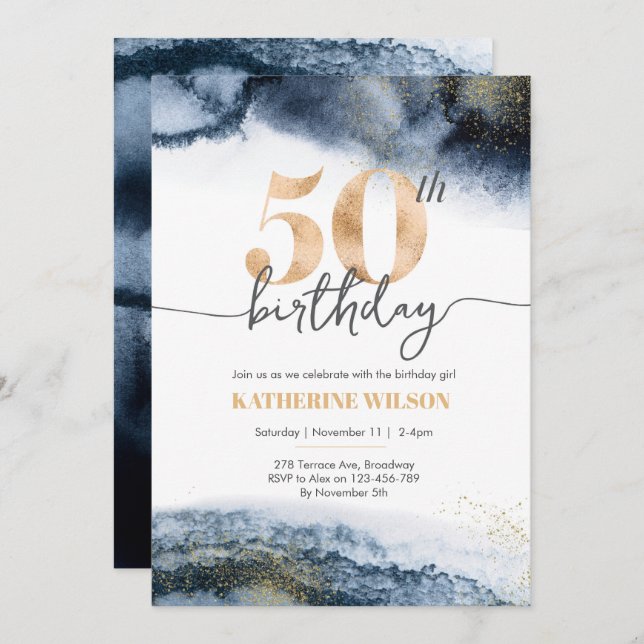 50th birthday invitation Navy watercolor and gold (Front/Back)