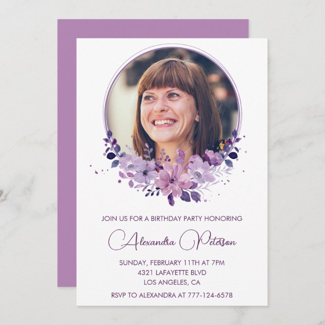 50th birthday invitation Photo Elegant Boho purple (Front/Back)