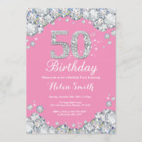 50th Birthday Invitation Pink and Silver Diamond