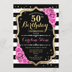 50th Birthday Invitation Pink Black White Stripes